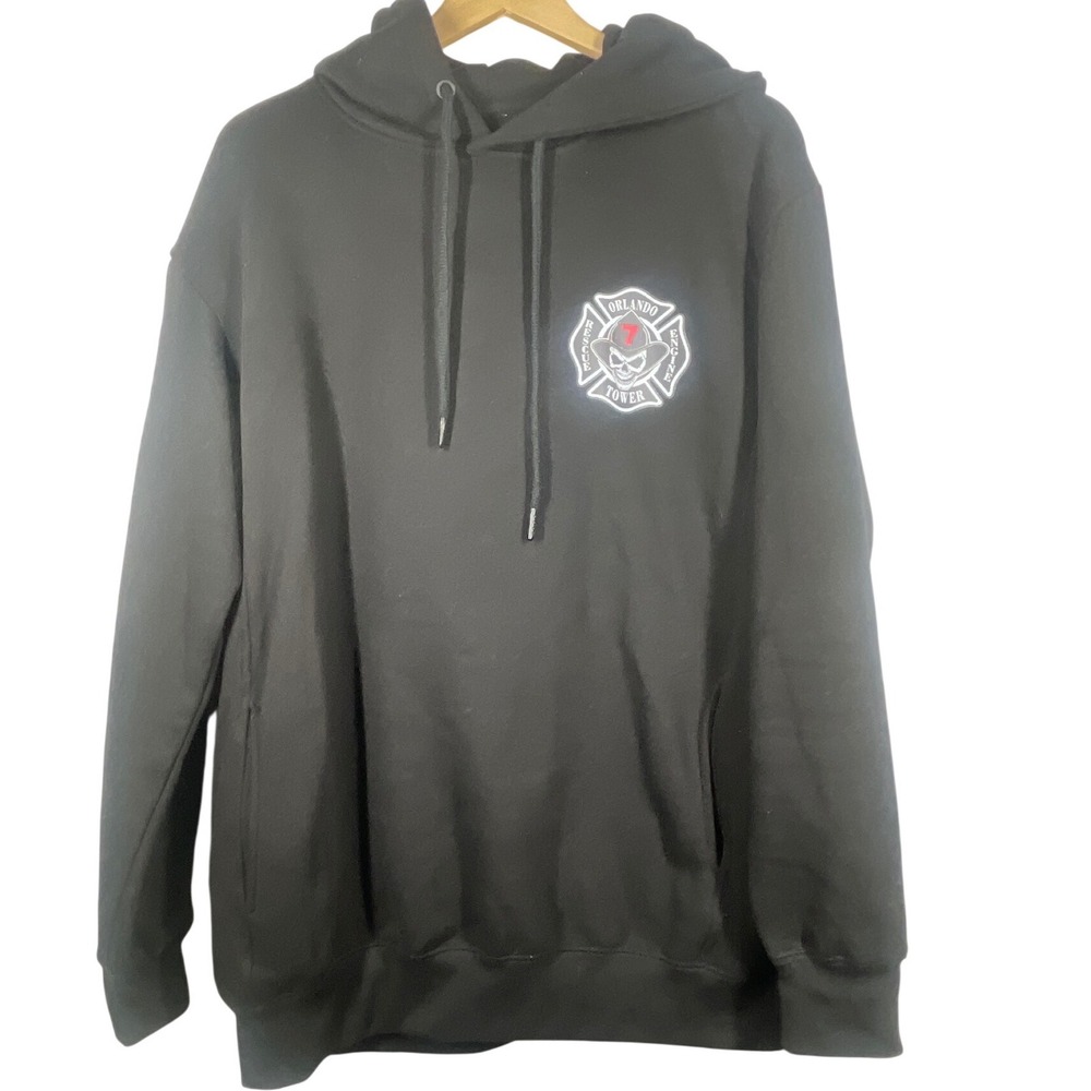 Orlando Rescue Engine Tower 7 Firefighter Skull Graphic Hoodie Black XL - Picture 2 of 5